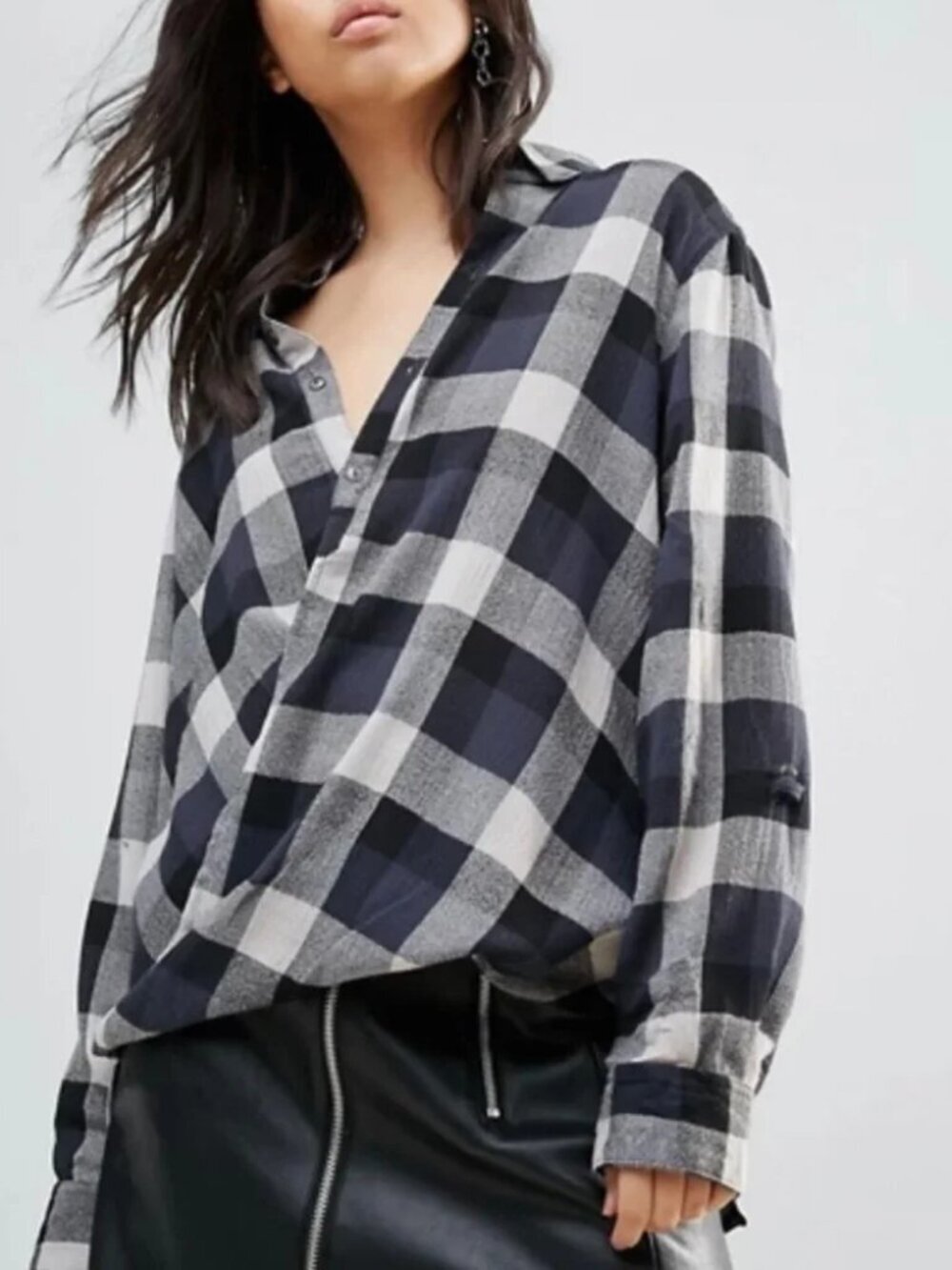 Blank NYC NWT Faux Wrap Plaid High Low Button Down Top Black Gray Size XS